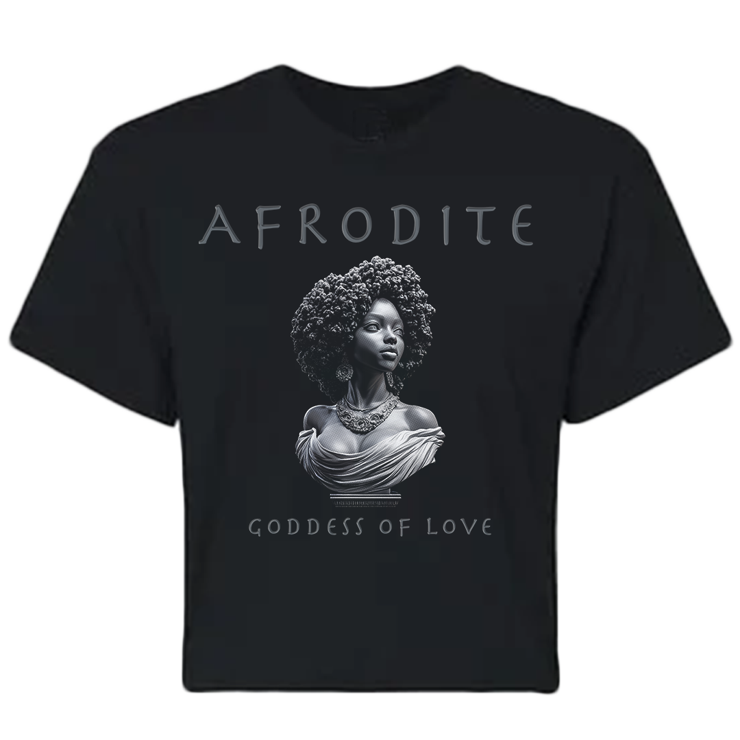 "Afrodite crop top featuring black goddess bust illustration with text 'Goddess of Love' on a black shirt."