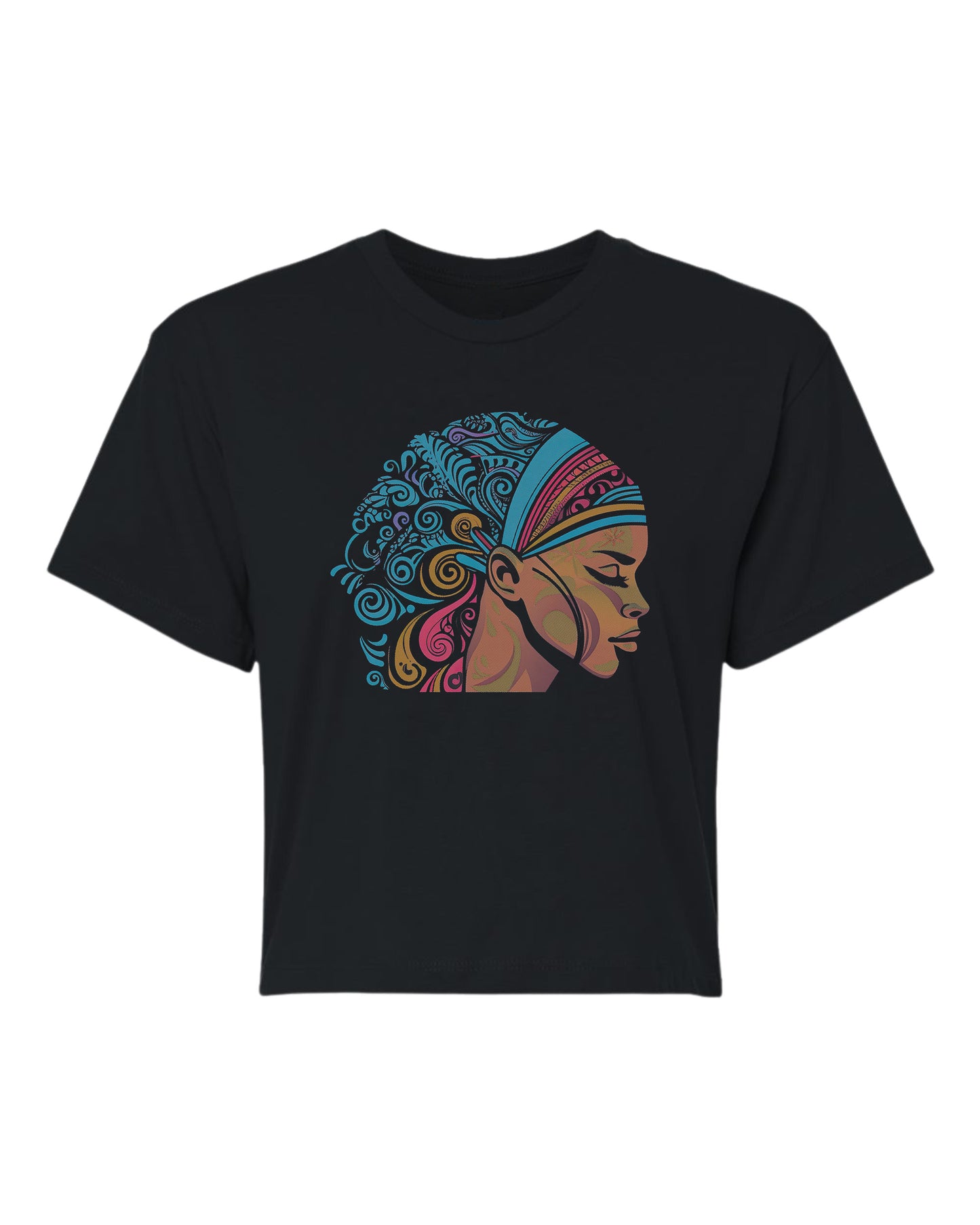 “Black crop top with vivid Afrocentric design of a proud Black queen”